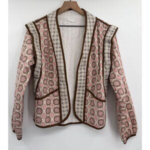 Mango Printed Quilted Jacket Women Large Pink Brown Floral Boho Cottagecore